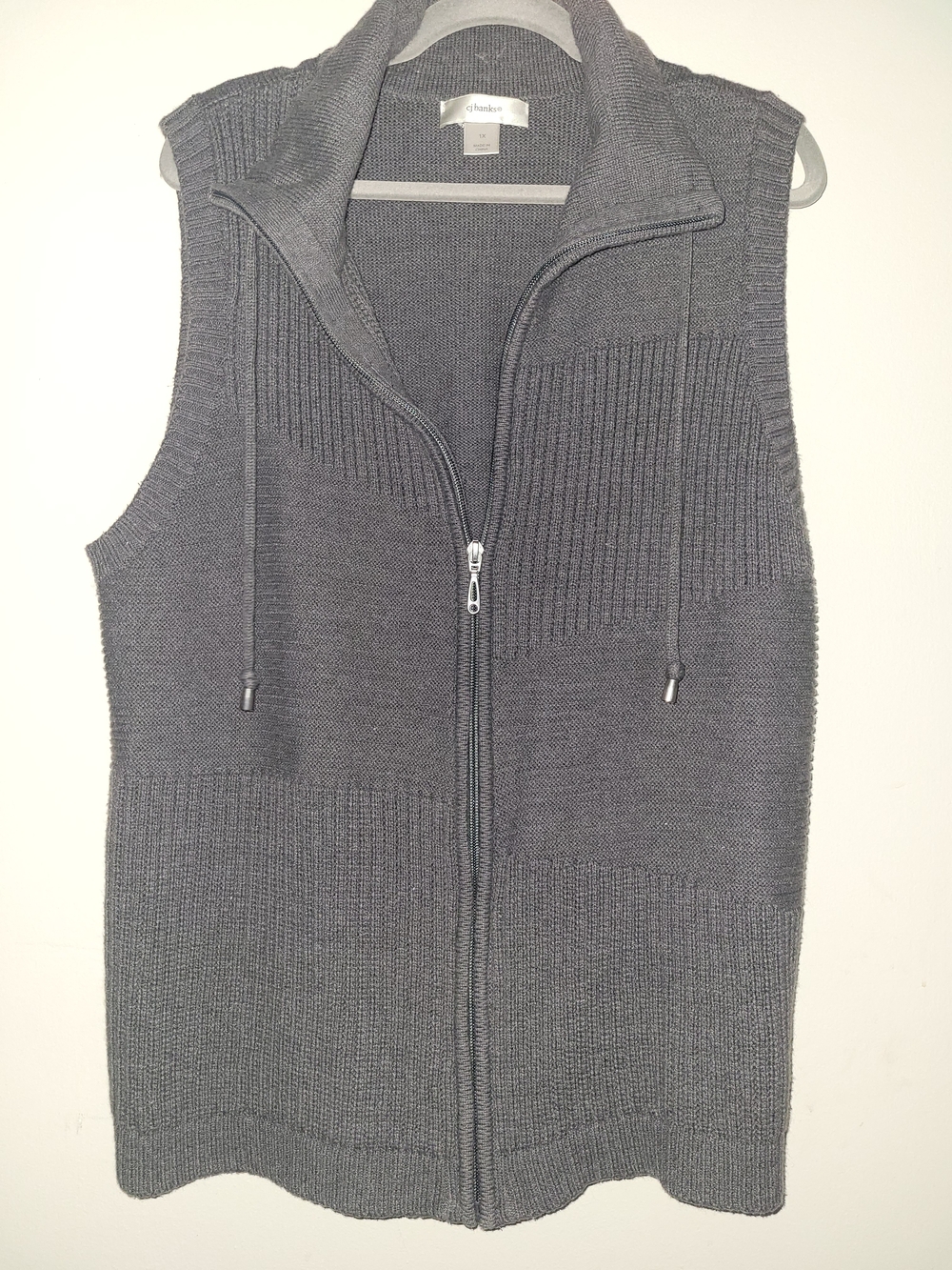 CJ Banks Gray Zip-Front Knit Vest with Drawstring Collar
